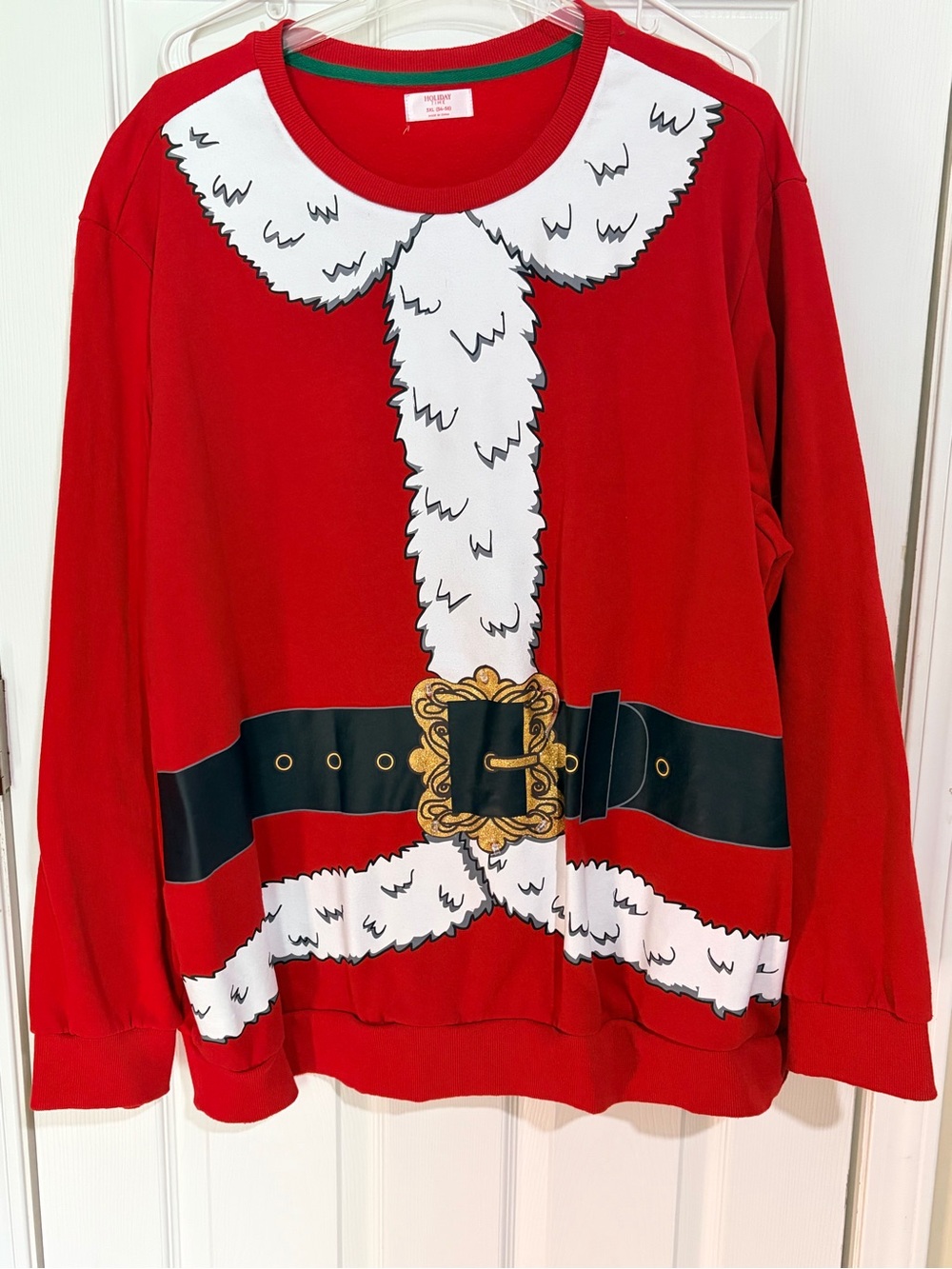 Holiday Time Red Santa Suit Crewneck Sweater with Black Belt